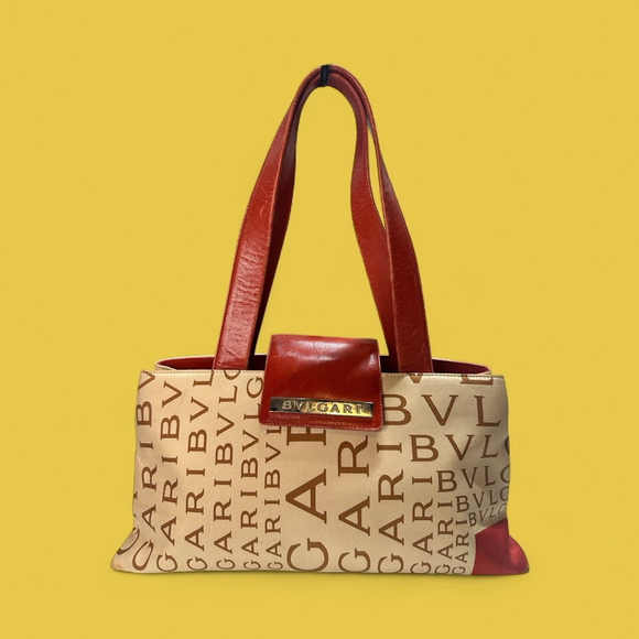 Women's Bvlgari One Size Beige Red Logo Canvas Leather Tote Bag - Picture 1 of 15